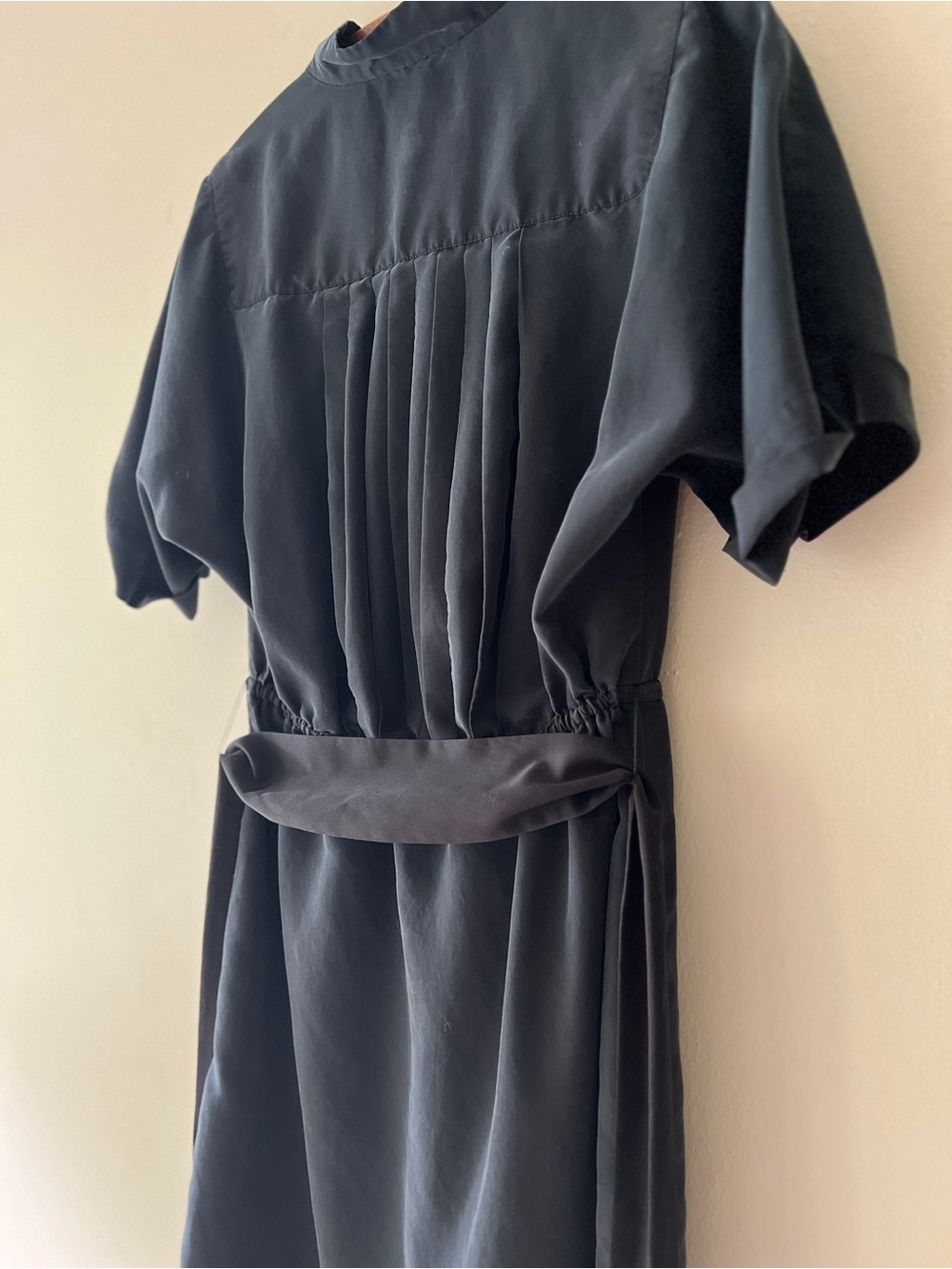 Buttery Soft Pleated Deep Muted Blue Wrap Dress with Tie Waist - Picture 5 of 15